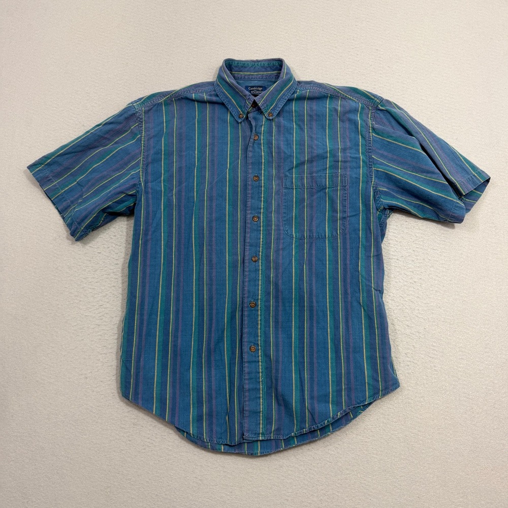 Vintage Cambridge Classics Shirt Medium Striped Button Short Sleeve 90s Preppy